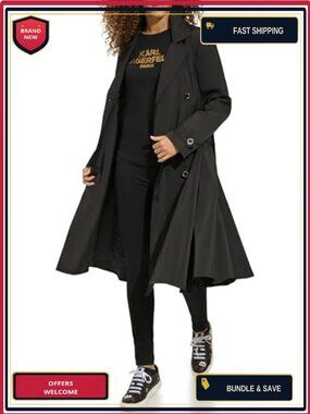 Long Flared Belted Trench Coat, Double Breasted, Notched Collar, Polyester